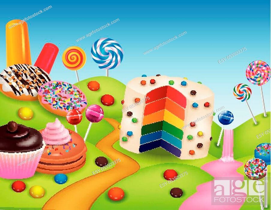 Vector Illustration Of Fantasy Candyland With Dessrts - Illustration - HD Wallpaper 