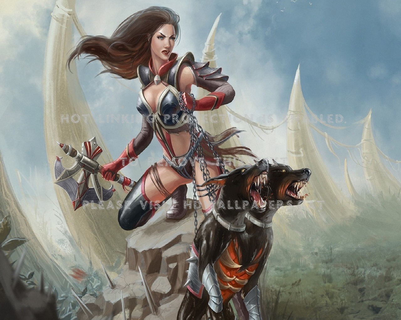 Warrior And Hellhound Two Head Ax Dog Woman - Doberman Fantasy - HD Wallpaper 