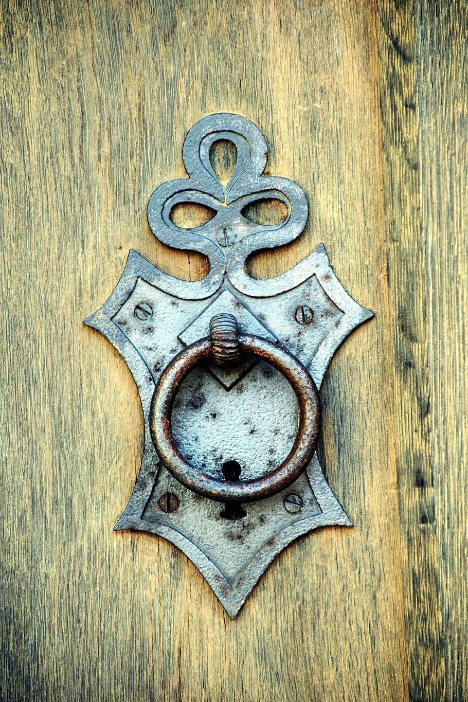 Silver Door Knocker On Brown Wooden Door, Thumper, - HD Wallpaper 