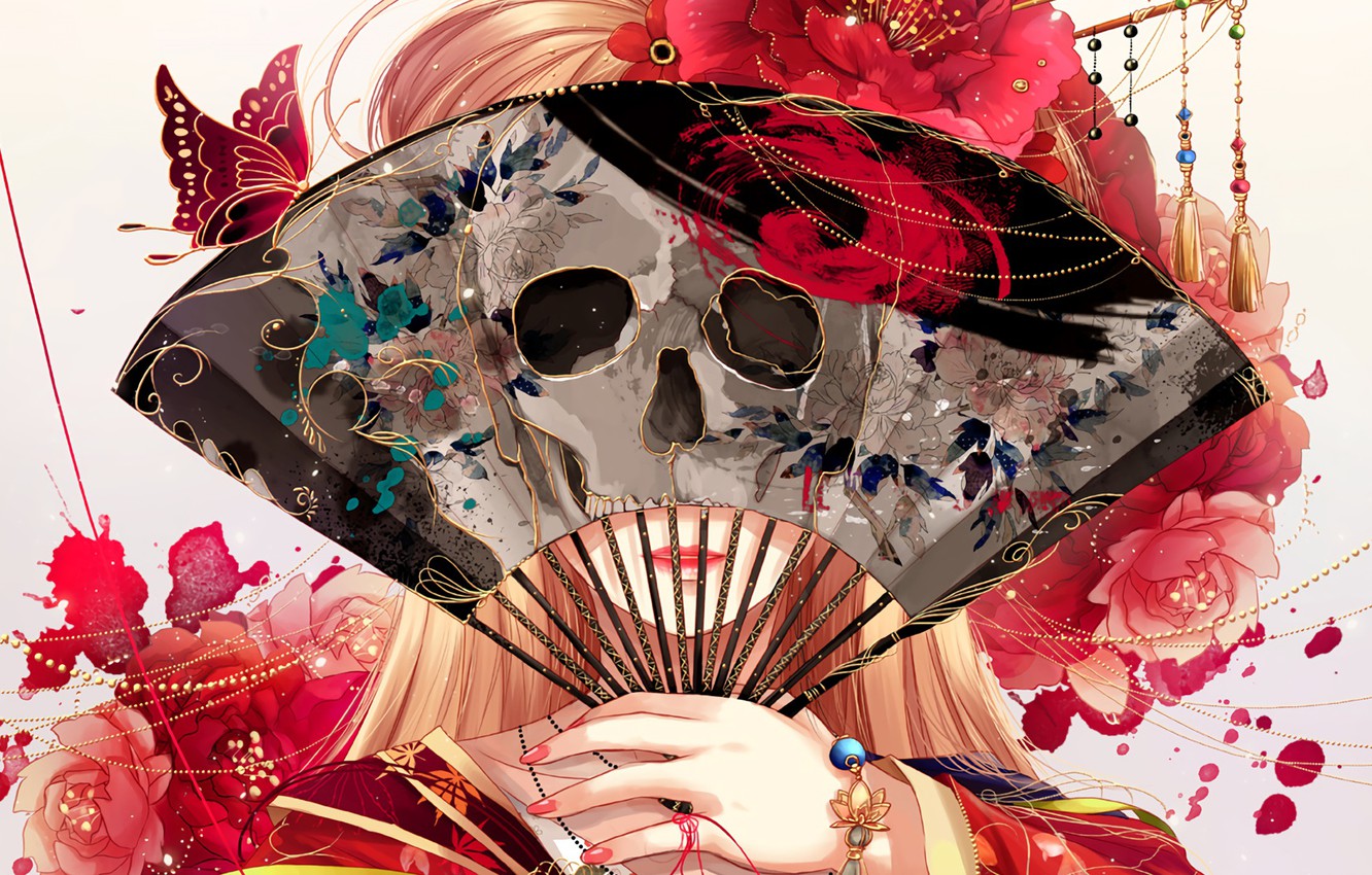 Photo Wallpaper Butterfly, Flowers, Face, Skull, Hand, - Anime Girl Anime Hand Fan - HD Wallpaper 