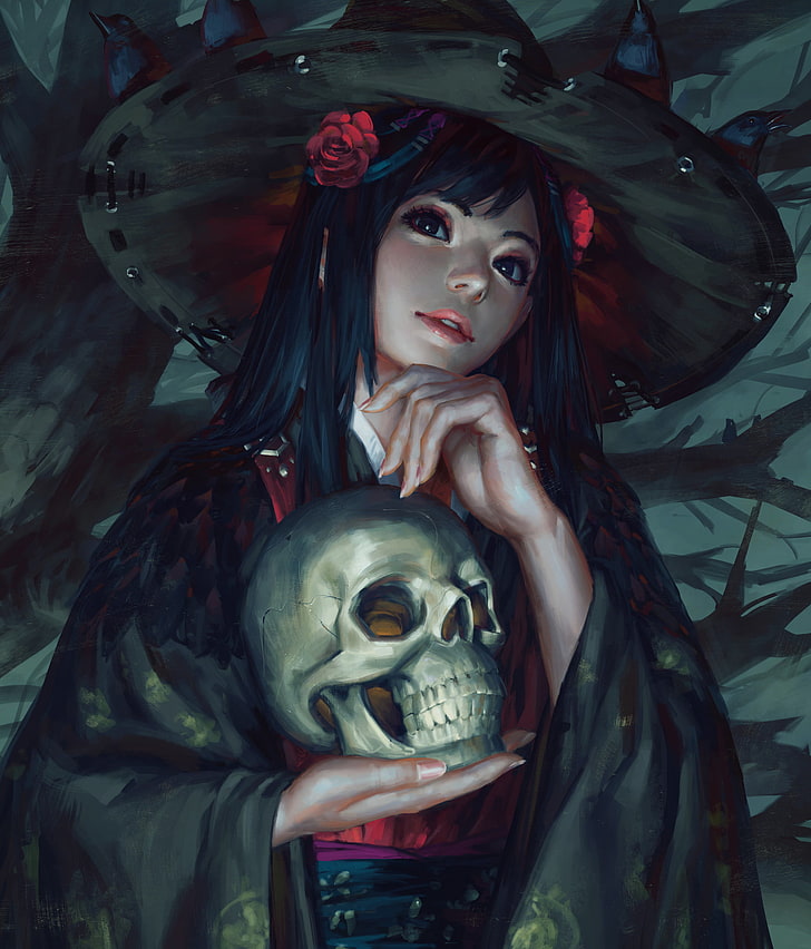 Gu, Brunette, Women, Flowers, Skull, Mantle, Trees, - HD Wallpaper 