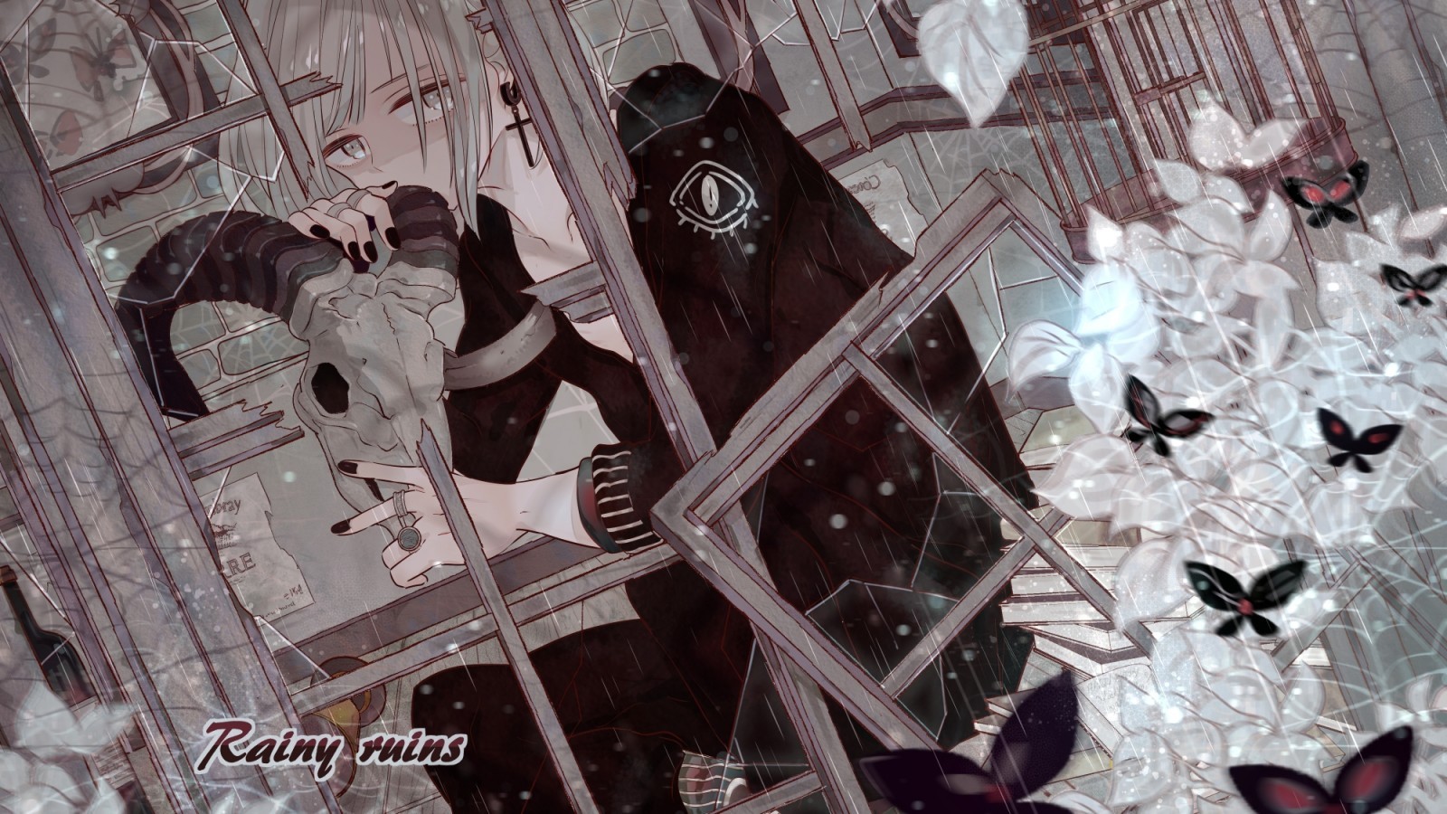 Anime Boy, Sad Expression, Skull, Room, White Flowers - HD Wallpaper 