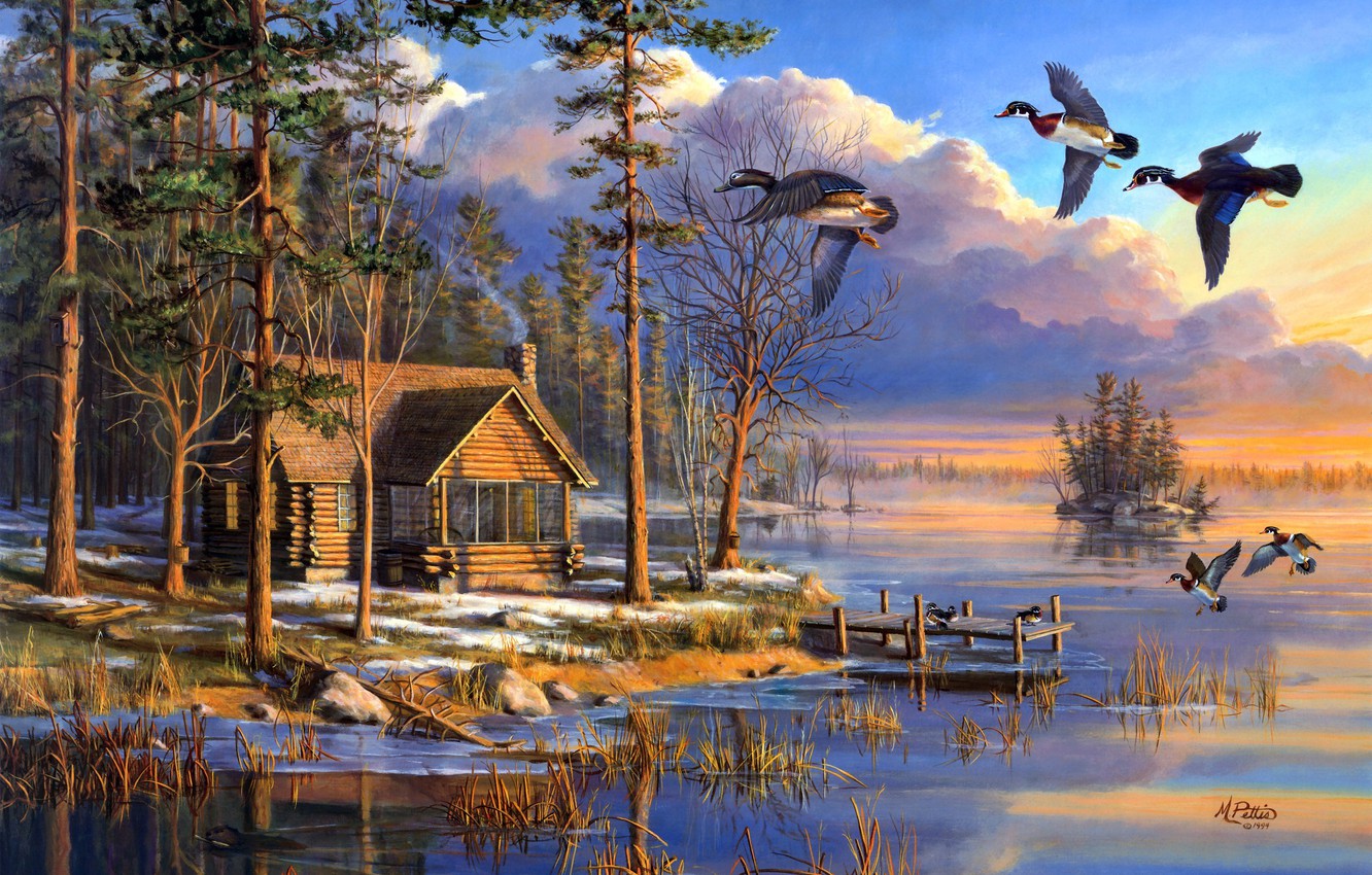 Photo Wallpaper House, Forest, Flying, Lake, Sunrise, - Mary Pettis Spring Arrivals - HD Wallpaper 