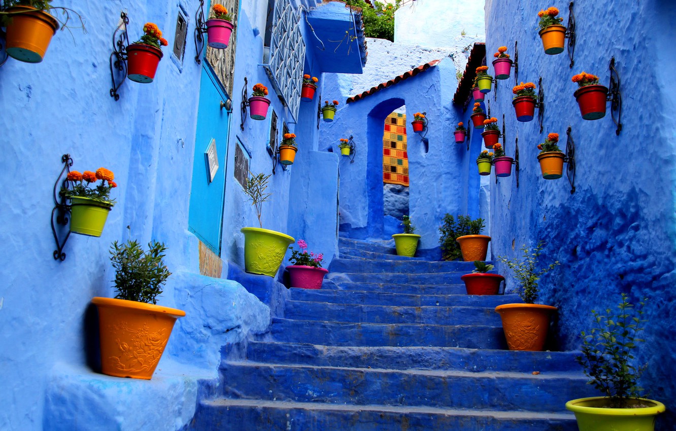 Photo Wallpaper Flowers, The City, Street, Wall, Paint, - Morocco Wallpaper Hd - HD Wallpaper 