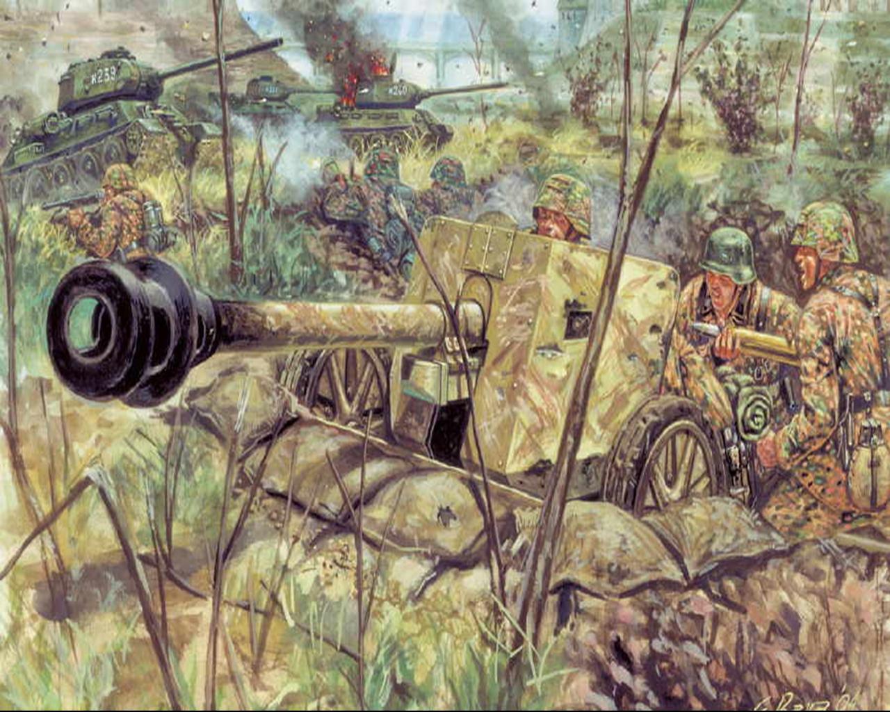 Photos Soldiers German Pak 40 At Gun Wser Painting - Ww2 Pak 40 Art - HD Wallpaper 