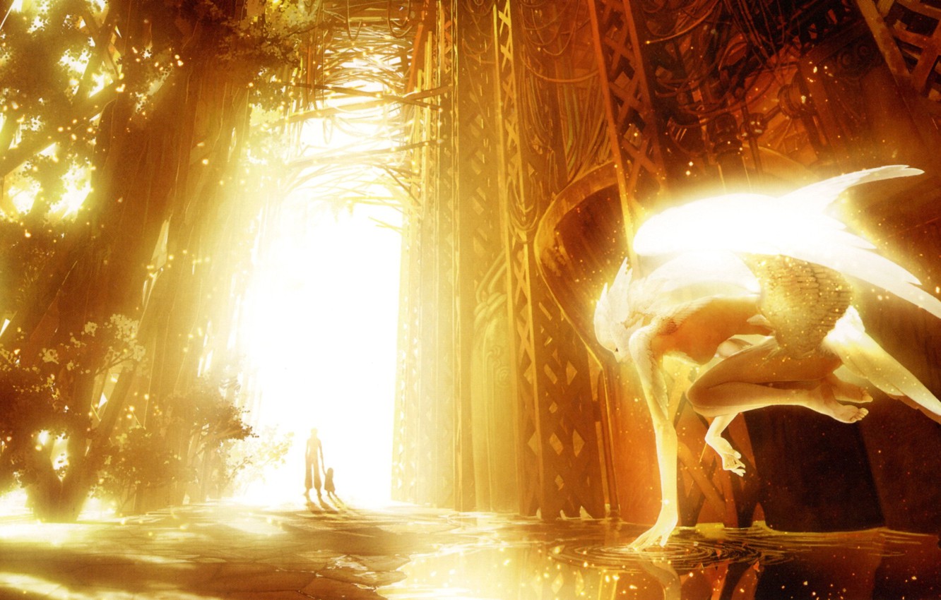 Photo Wallpaper Water, Light, Trees, Wire, Child, Wings, - Свет Аниме - HD Wallpaper 