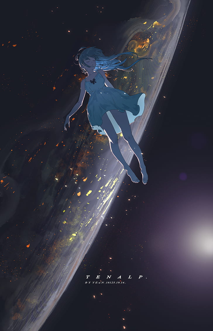 Space, Floating, Planet, Anime, Anime Girls, Closed - Girl Floating In Space - HD Wallpaper 