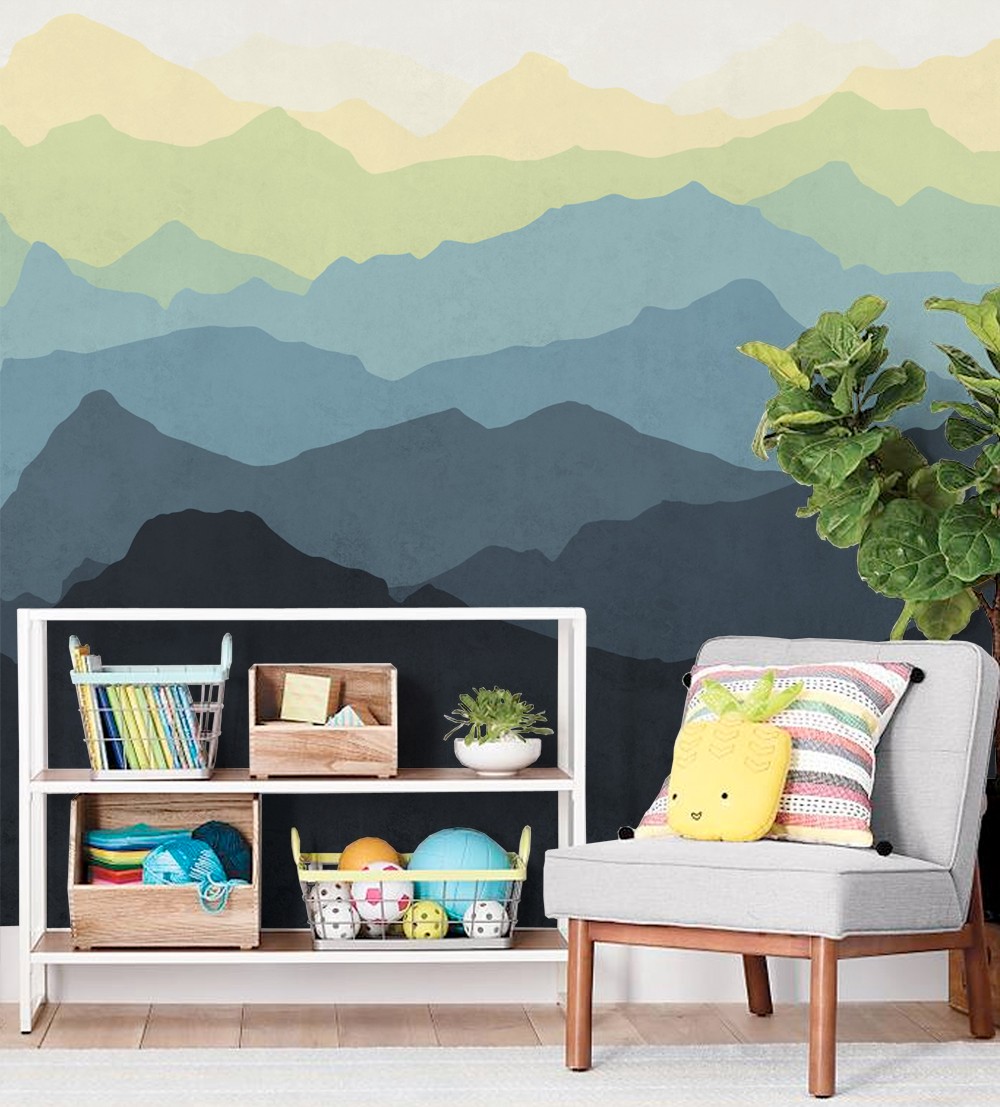 Awesome Mountain Wall Art Mural Wallpaper Navy Yellow - Mountain Mural Wall - HD Wallpaper 