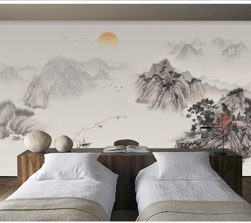 Nursery Décor Bacaz Chinese Scenery Sunset Boat Mountain - Wallpaper - HD Wallpaper 