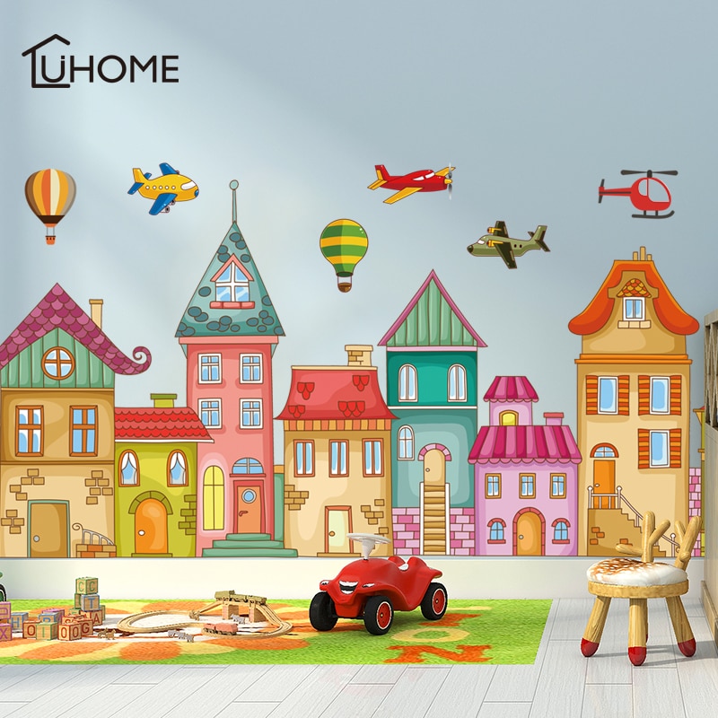 Cartoon Castle Helicopter Hot Air Balloon Wall Stickers - HD Wallpaper 