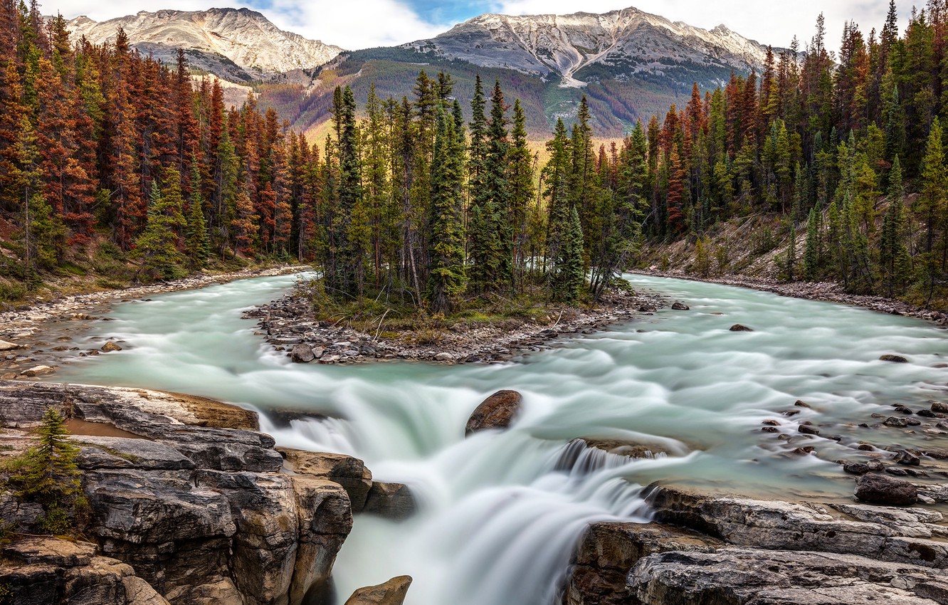 Photo Wallpaper Forest, Trees, River, Waterfall, Canada, - Jasper National Park Of Canada - HD Wallpaper 