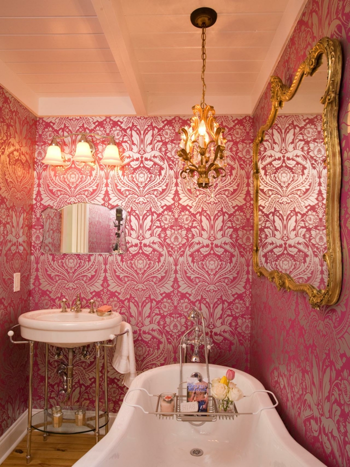 Luxurious Bathroom Interior French Style Retro Wallpaper - Розовая Маленькая Ванная Комната - HD Wallpaper 