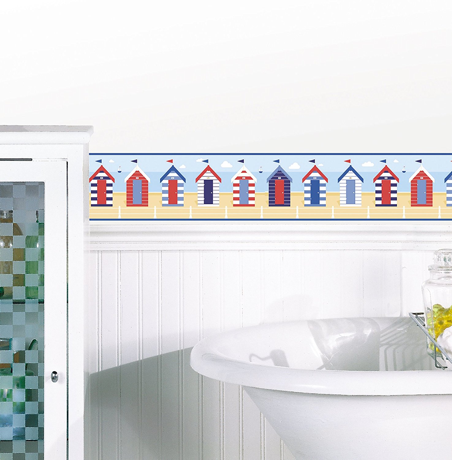 Beach Huts Self Adhesive Wallpaper Borders For Bathrooms - Bathroom - HD Wallpaper 