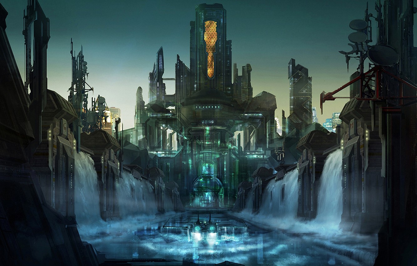 Photo Wallpaper The City, Ship, Art, Waterfalls - Рабочий Стол Hd Космические Корабли - HD Wallpaper 