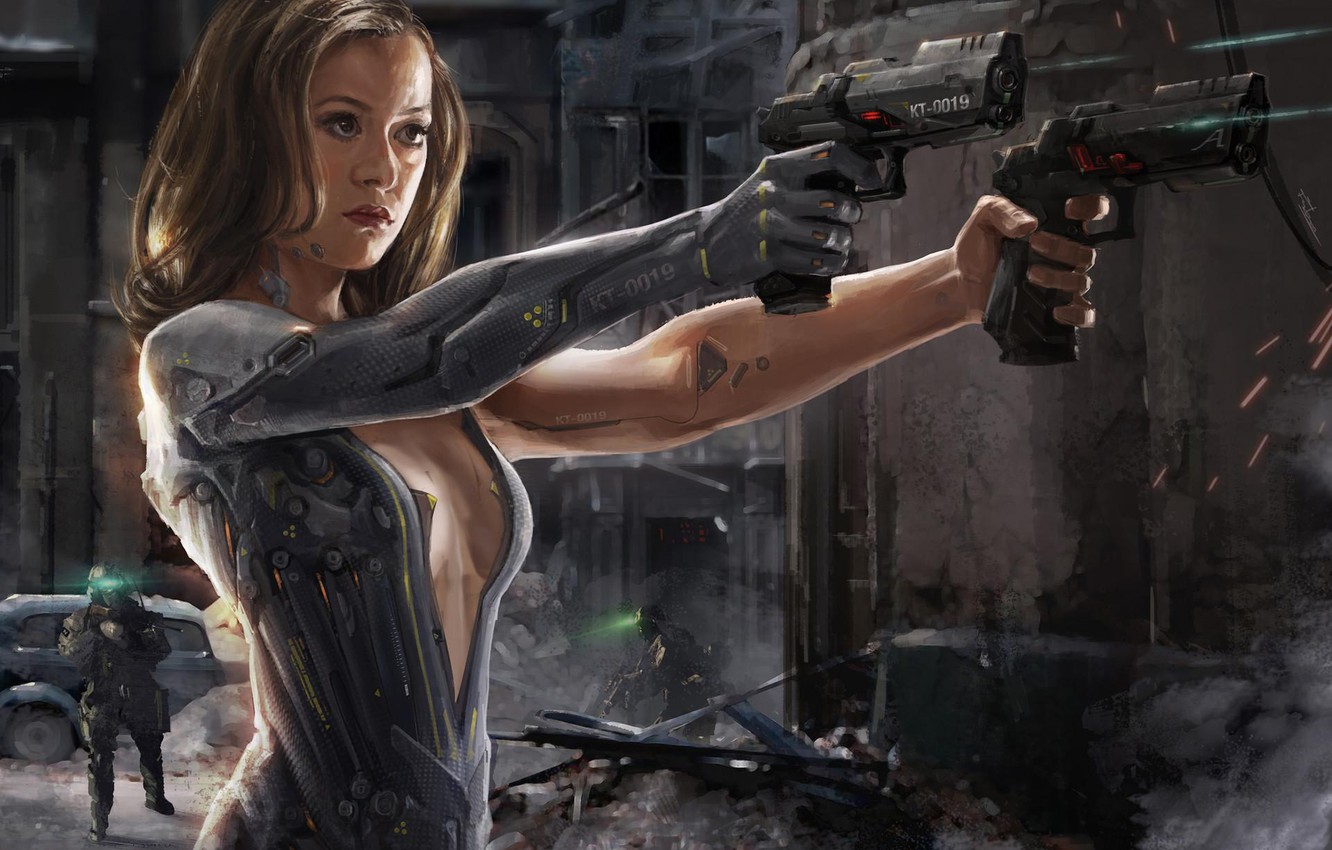 Photo Wallpaper Guns, Girl, Fantasy, Android, Science - Sci Fi Cyborg Art - HD Wallpaper 