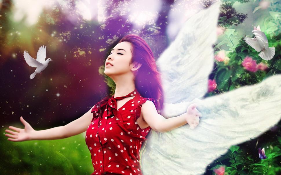 Beautiful Red Dress Girl, Bird, Wings Wallpaper,beautiful - Beautiful Girl With Bird - HD Wallpaper 