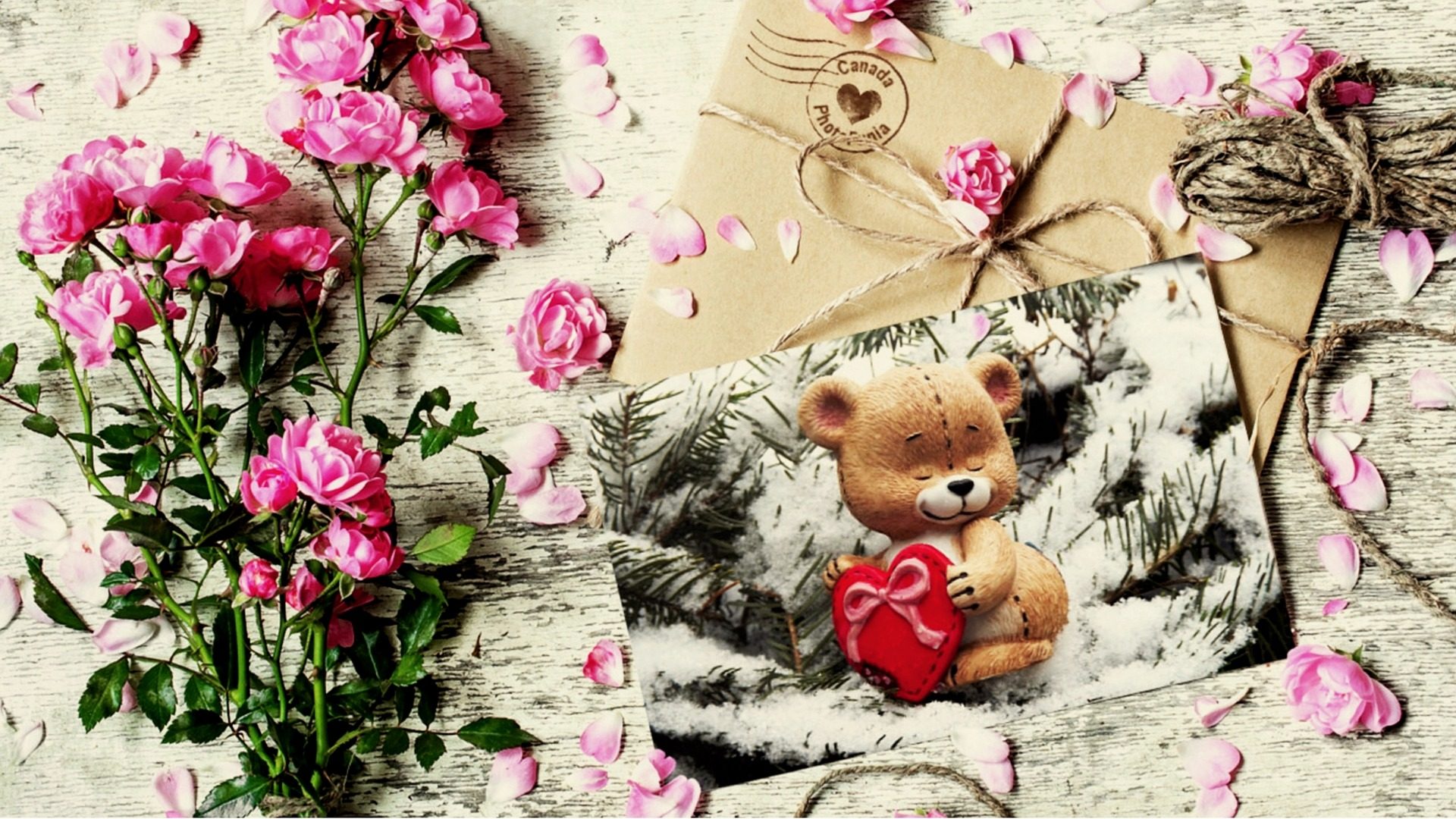 Full Screen Teddy Bear With Flowers Card Wallpapers - Photofunia Love - HD Wallpaper 