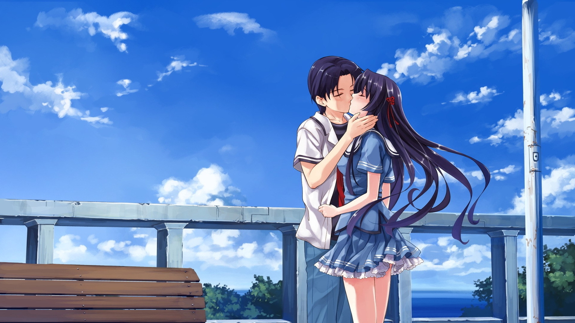 Wallpaper Boy, Girl, Kiss, Bench, Sky, Street - Anime Girl With Blonde Hair Kiss A Boy - HD Wallpaper 