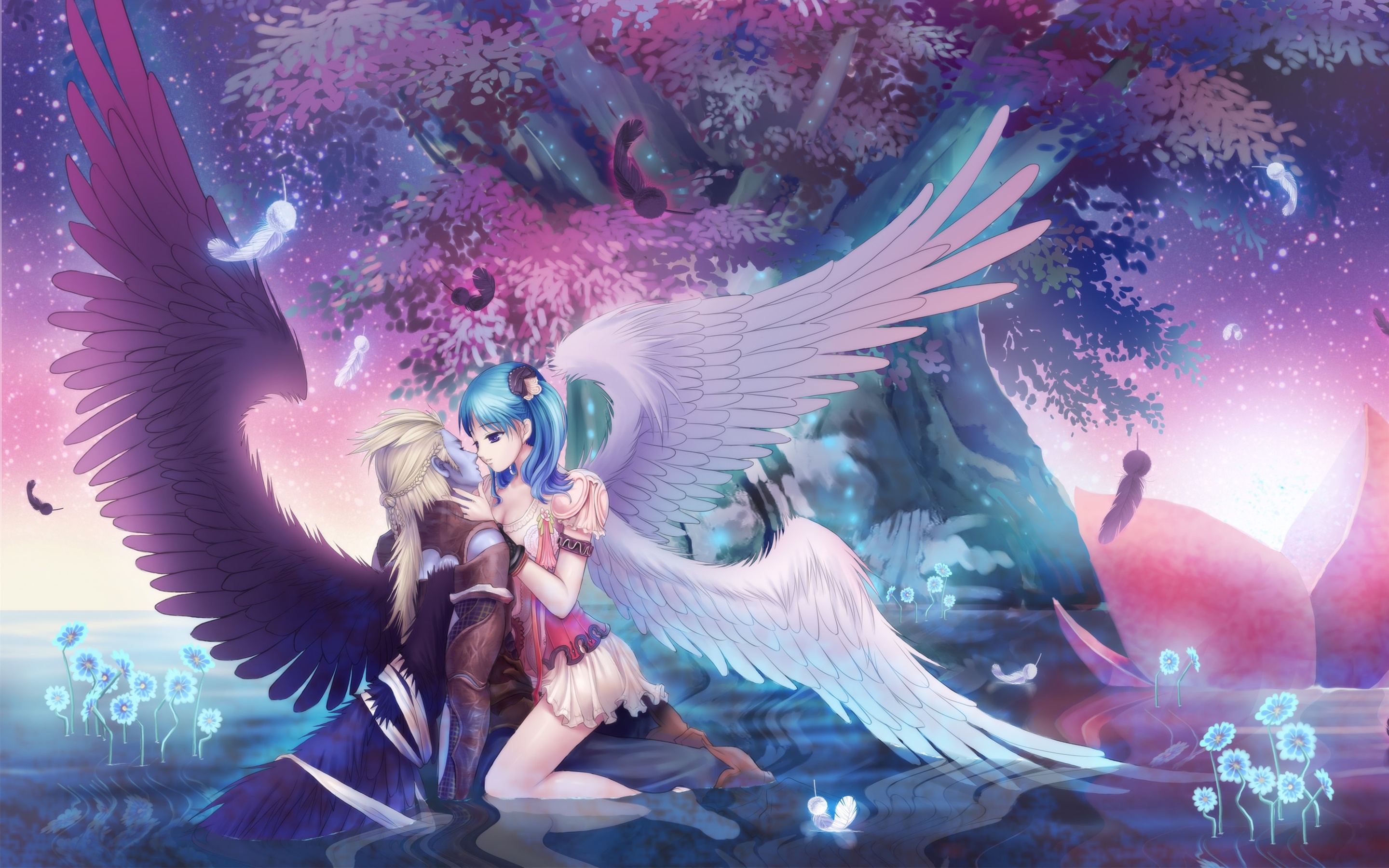 Wallpaper Angel Girl Kiss Boy, Wings, Trees, Beautiful - HD Wallpaper 