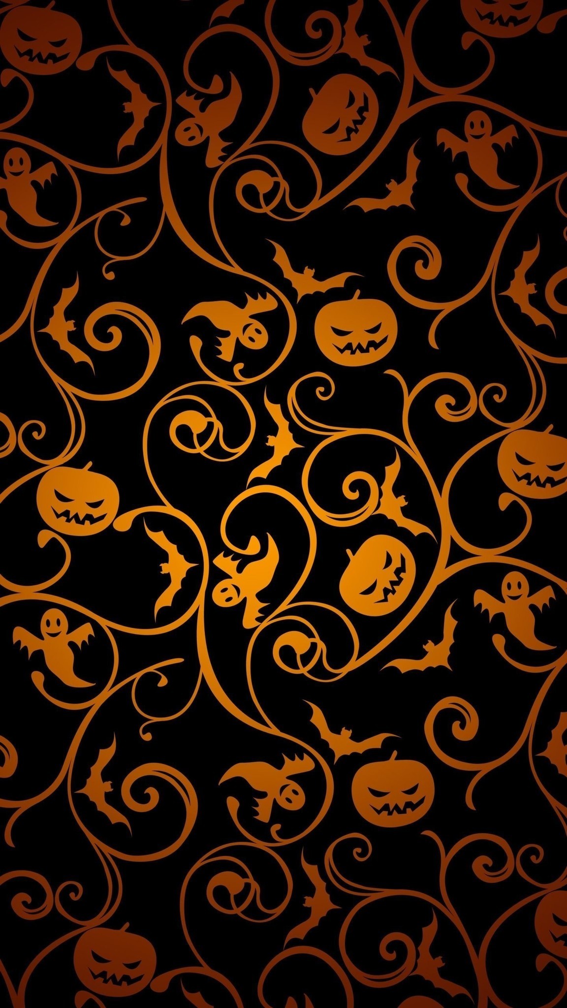 Orange Pumpkins, Ghosts, Bats Pattern Against Black - HD Wallpaper 