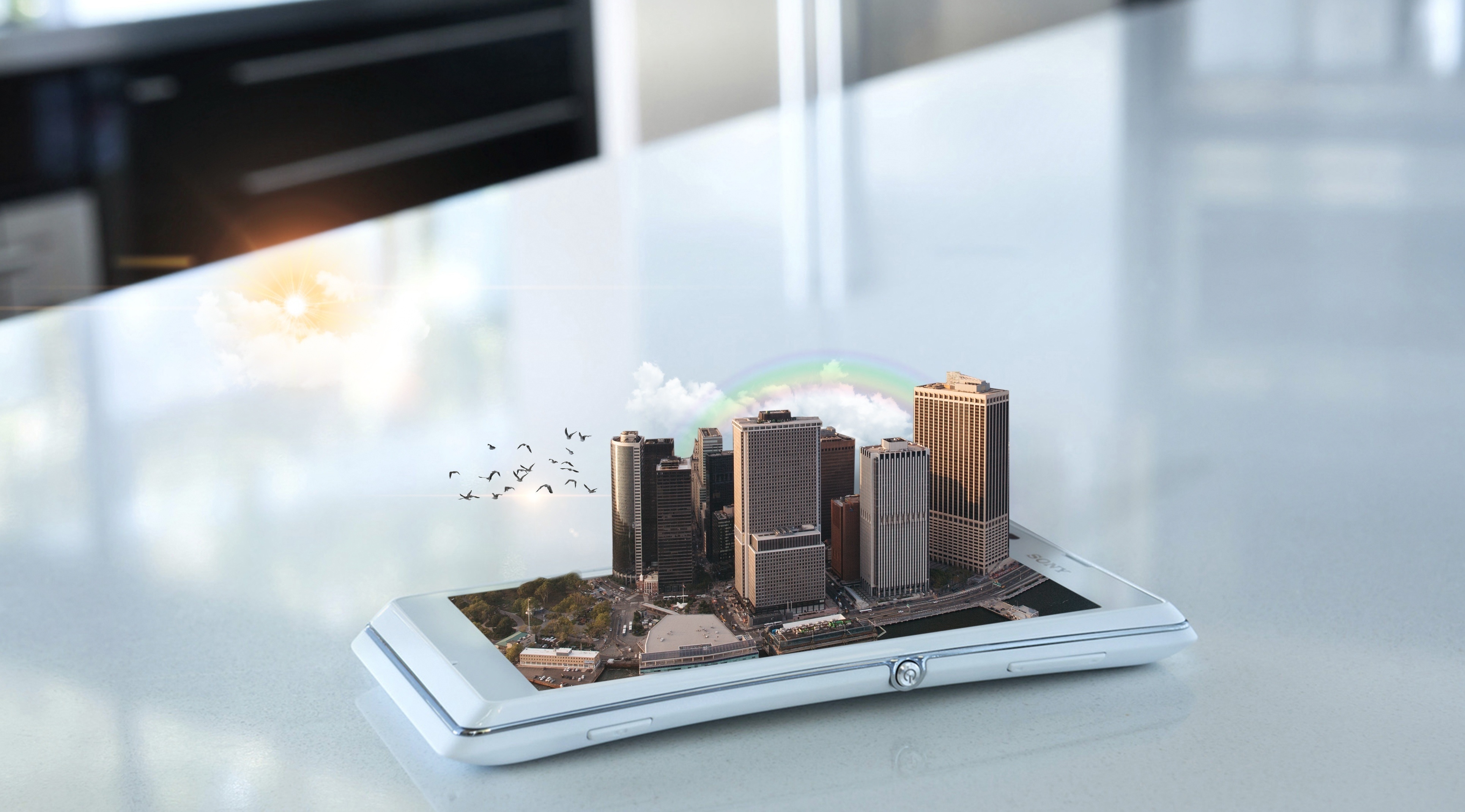 The City, Skyscrapers, Smartphone, Background, Photomanipulation - HD Wallpaper 