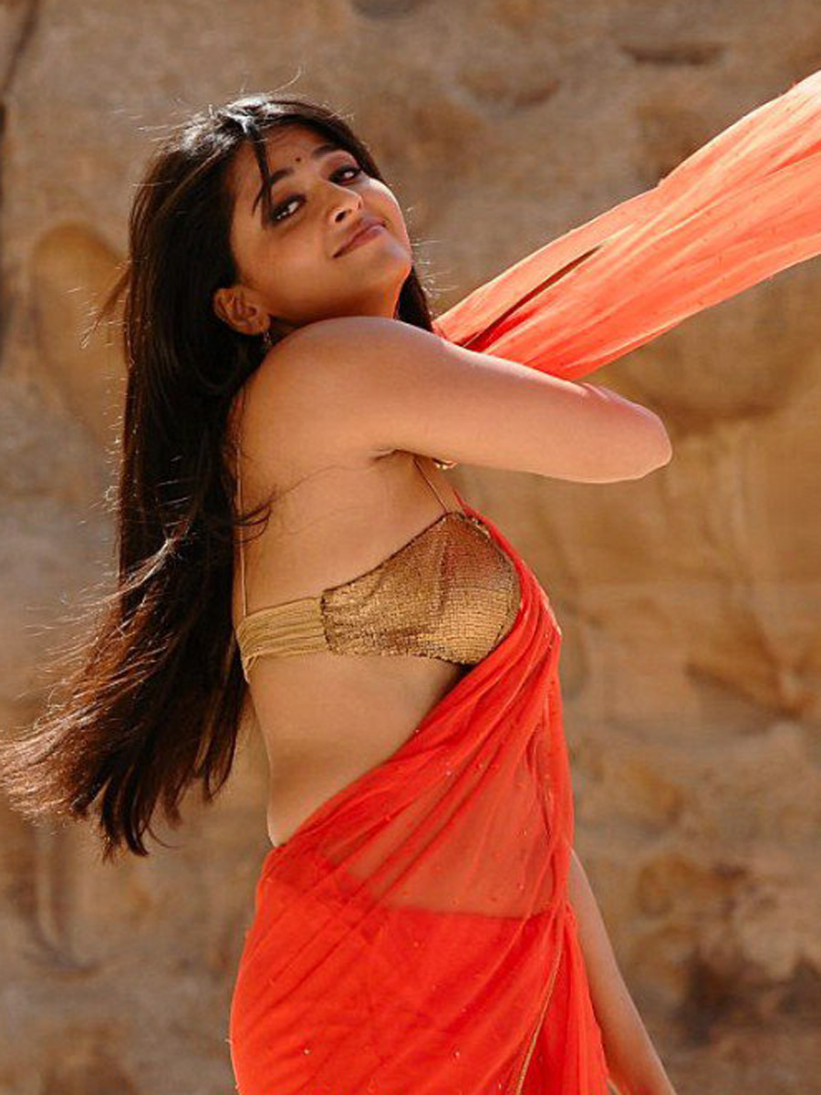 Anushka Shetty Hot Navel Orange Saree Scenes - HD Wallpaper 