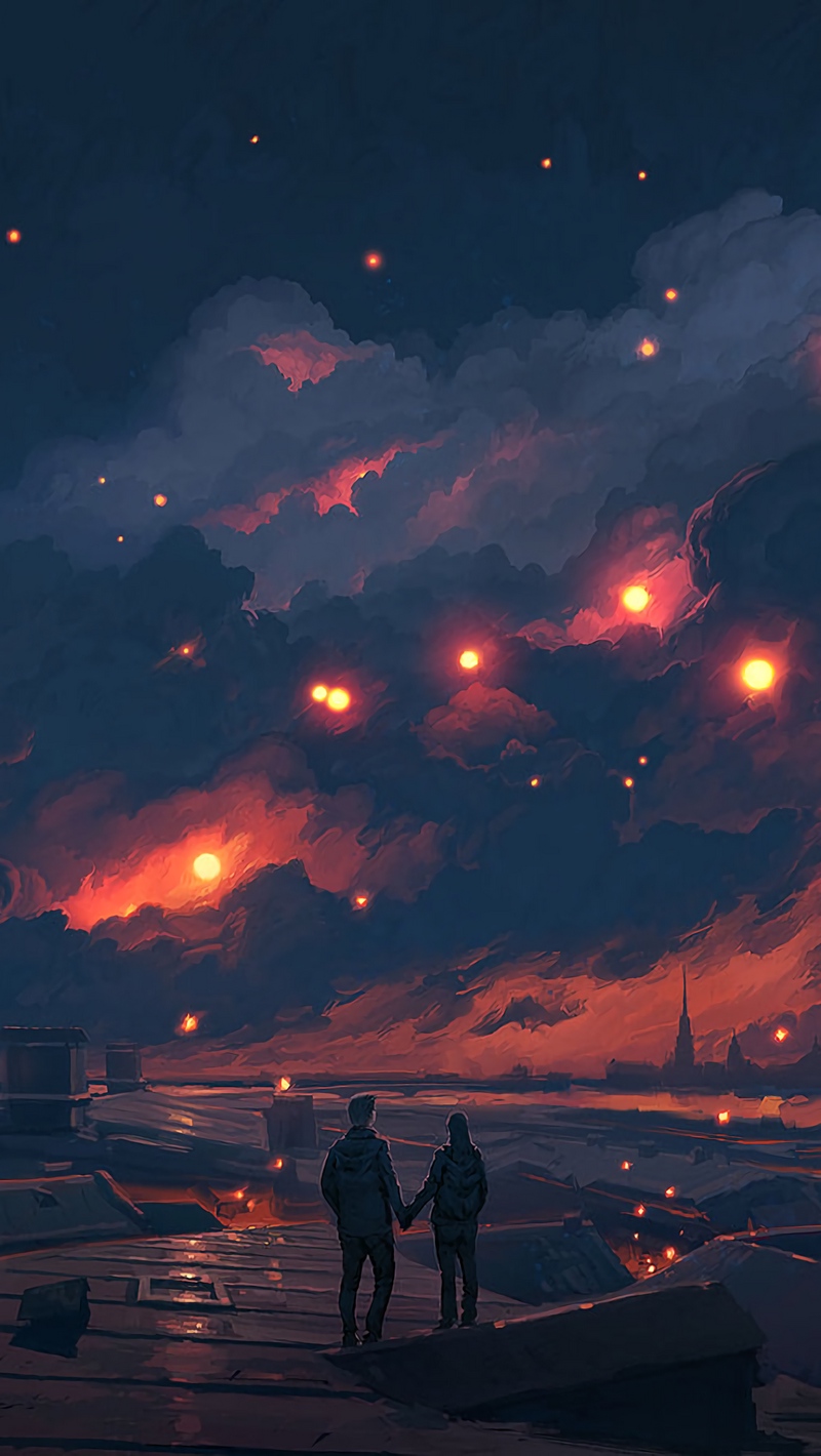 Wallpaper Couple, Night, Art, Clouds, Romance, Love - HD Wallpaper 