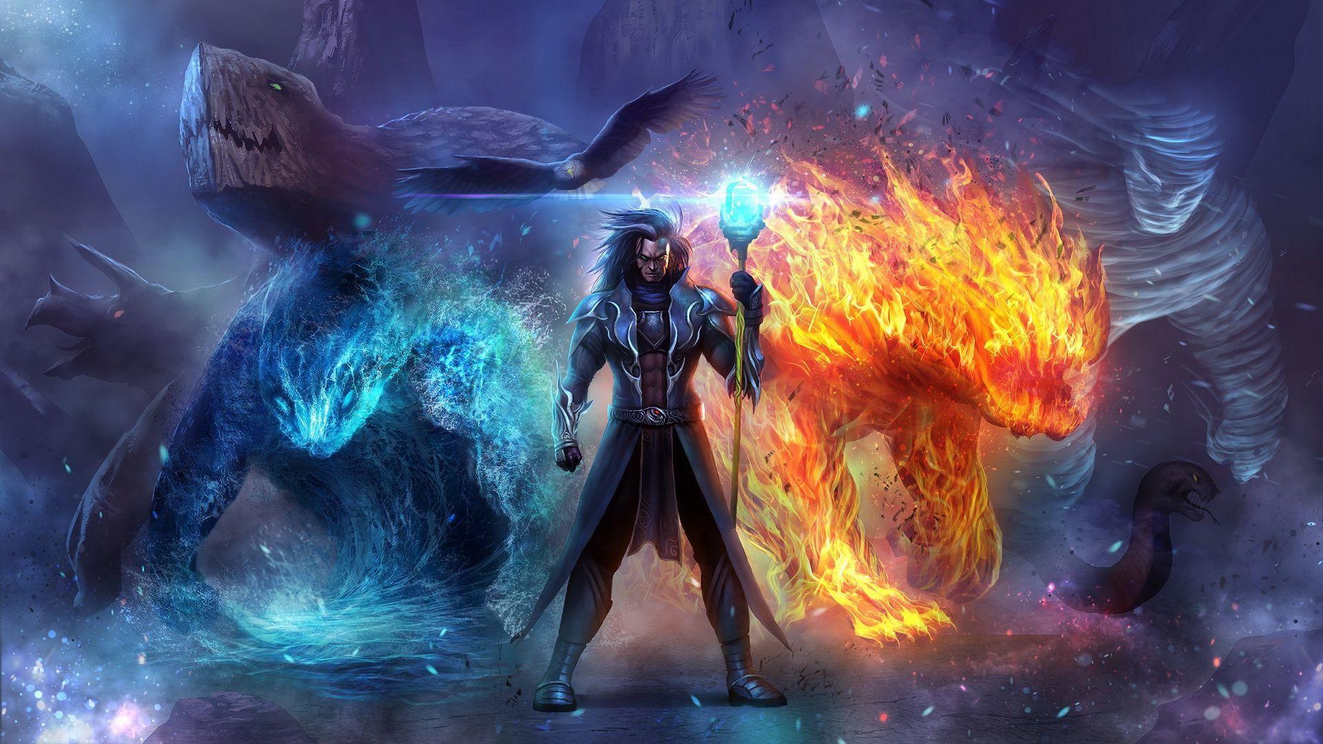 Hd Wizard In Ice And Fire Wallpaper - Fire And Ice Wizard - HD Wallpaper 