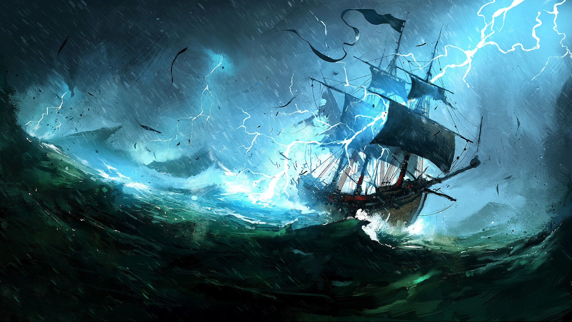 Wallpaper Of Lightning, Ship, Fantasy, Sea, Storm Background - Sailing Ship In A Storm - HD Wallpaper 