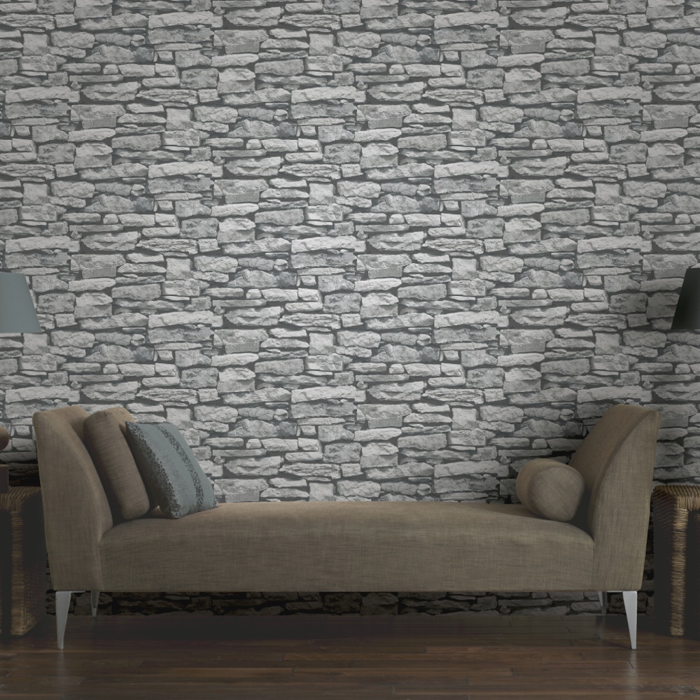 Grey Stone Wallpaper - Feature Wall Brick Effect - HD Wallpaper 