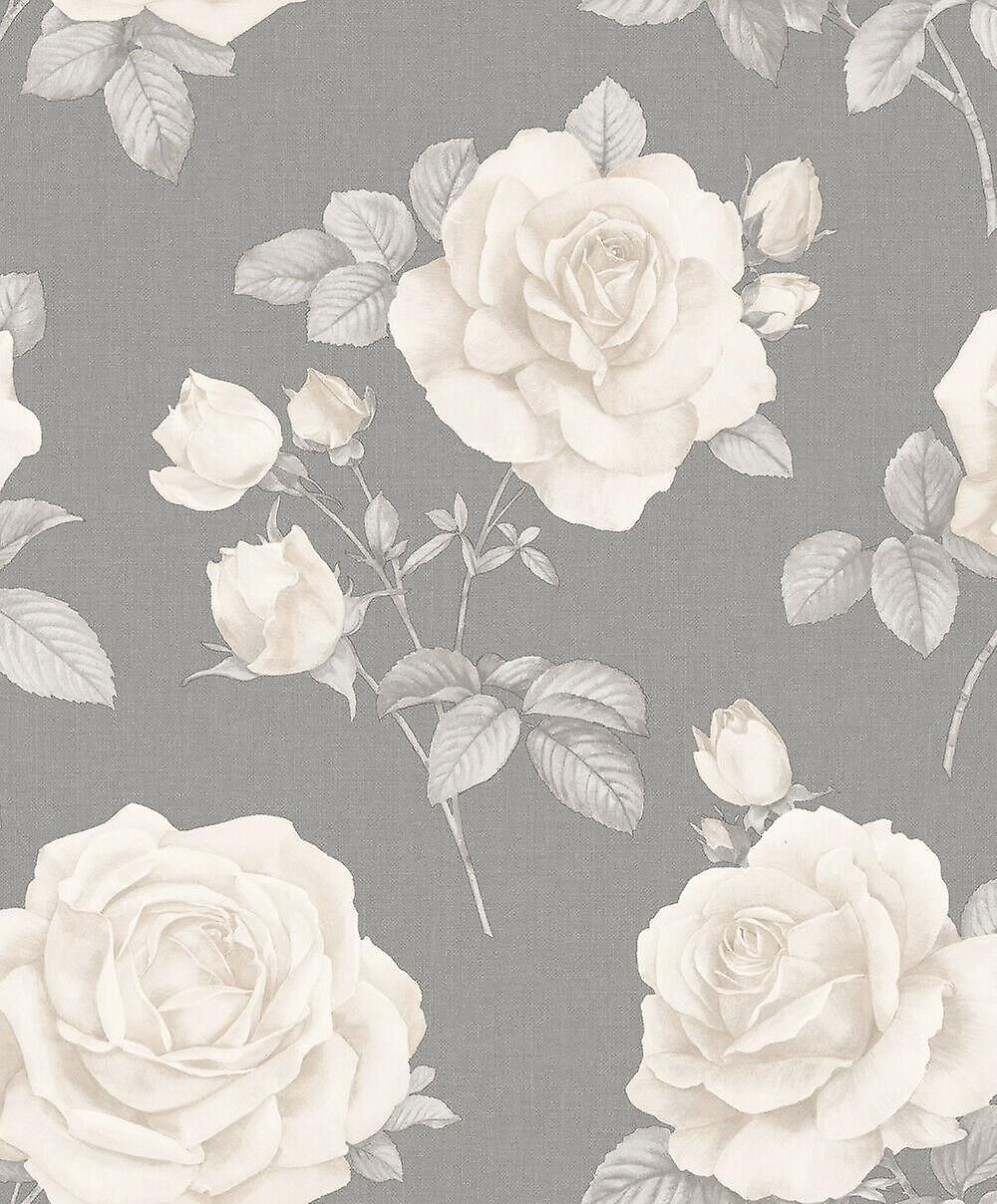 Floral Linen Effect Wallpaper Roses Flowers Grey Cream - Grey Wallpaper With Cream Flower - HD Wallpaper 