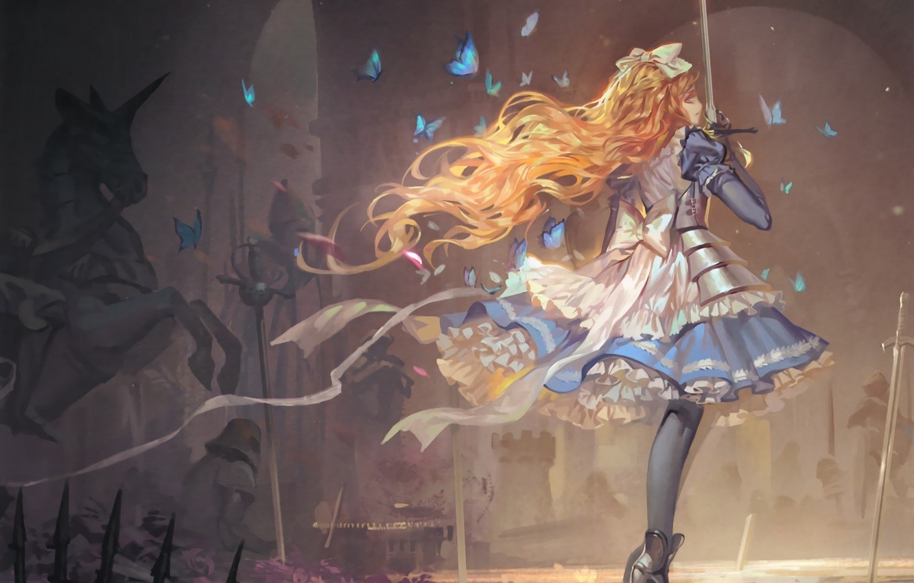 Photo Wallpaper Butterfly, Armor, Redhead, Long Hair, - Alice In Wonderland Armor Dress - HD Wallpaper 