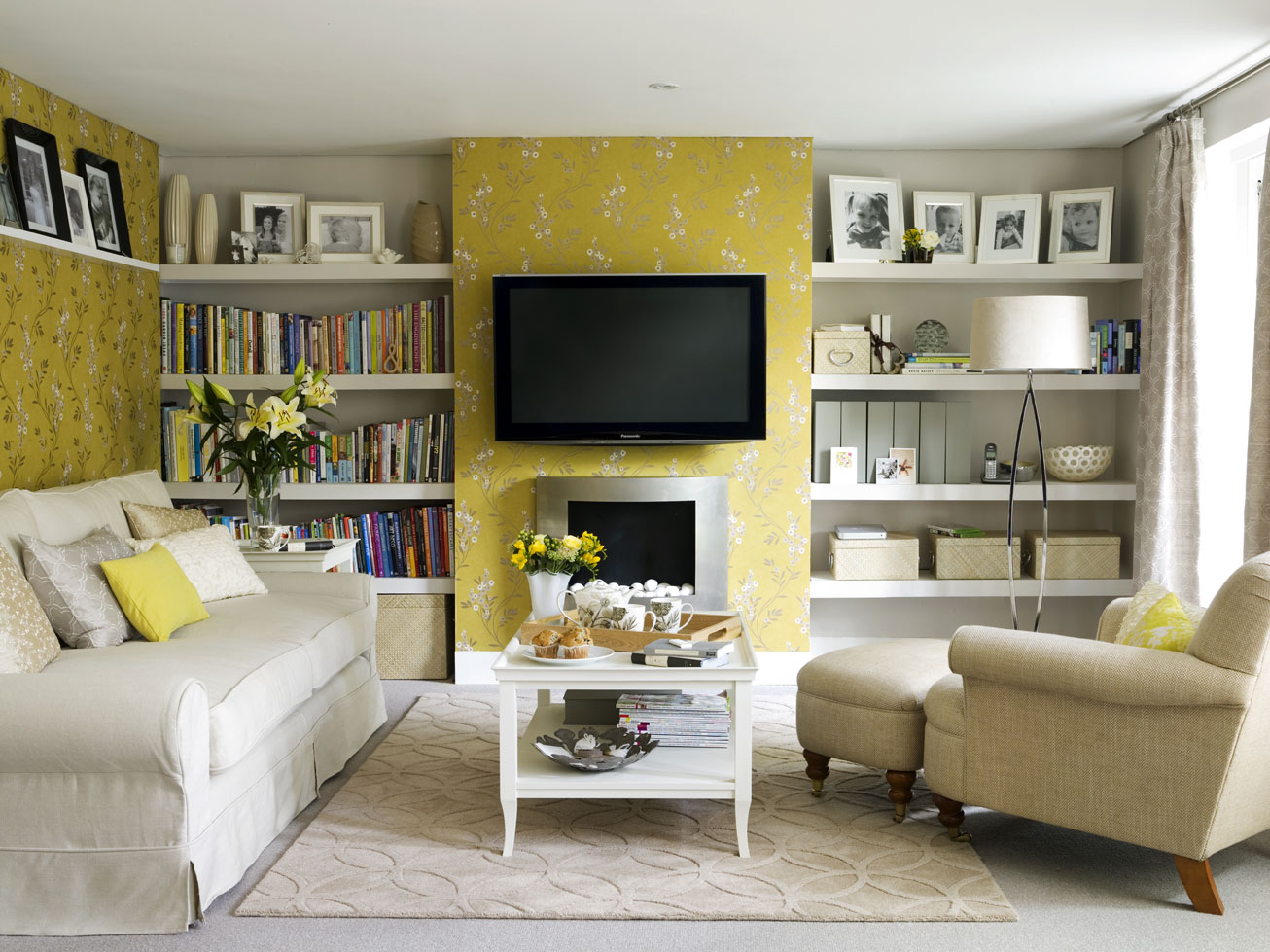 Modern Yellow Grey Living Room - HD Wallpaper 
