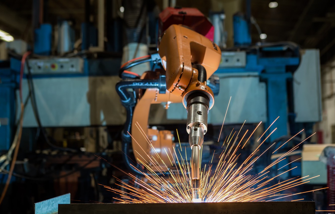 Photo Wallpaper Precision, Sparks, Robotic Welding - Industrial Robot Welding In Factory - HD Wallpaper 