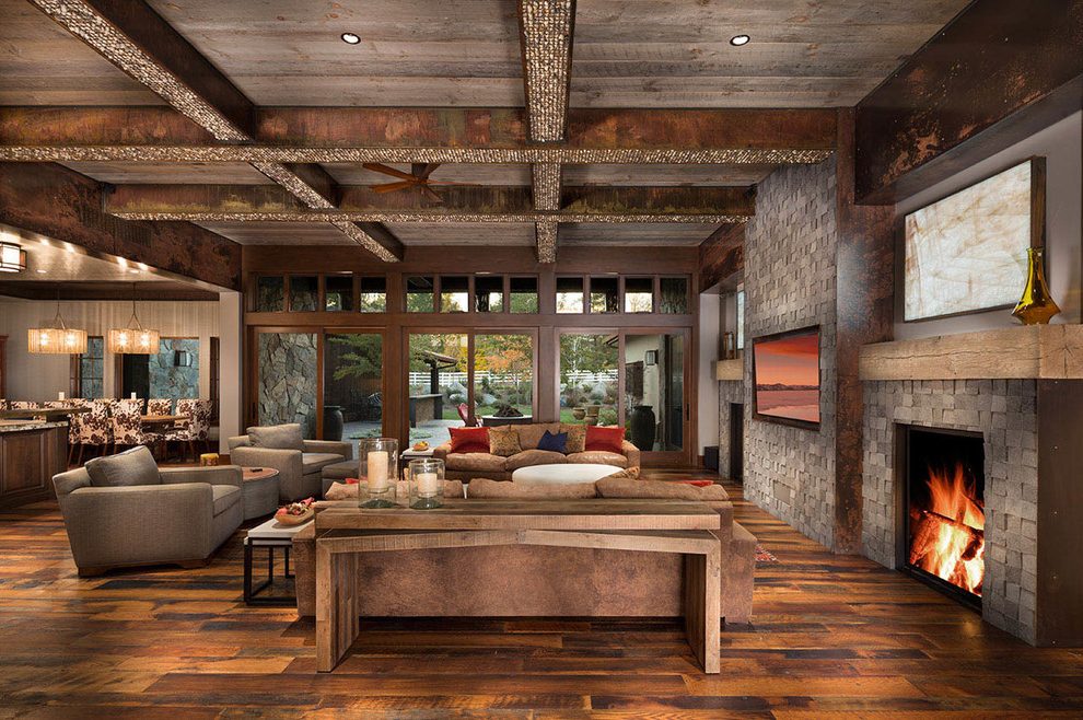 Rock Garden Living Room Rustic With Ranch Style Wallpaper - Interior Design - HD Wallpaper 