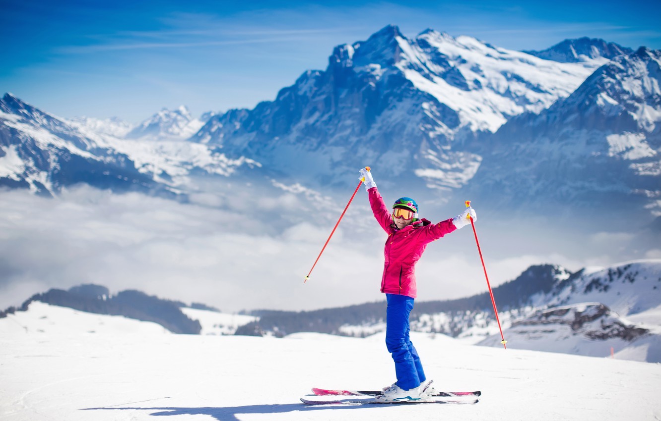 Photo Wallpaper Winter, Girl, The Sun, Mountains, Ski, - Schreckhorn - HD Wallpaper 