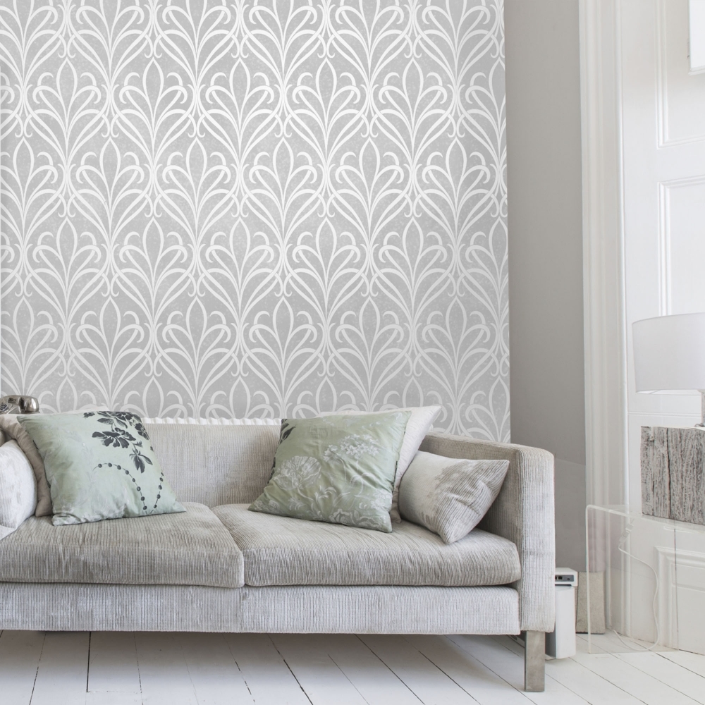 Chelsea Glitter Damask Wallpaper Soft Grey Silver - HD Wallpaper 