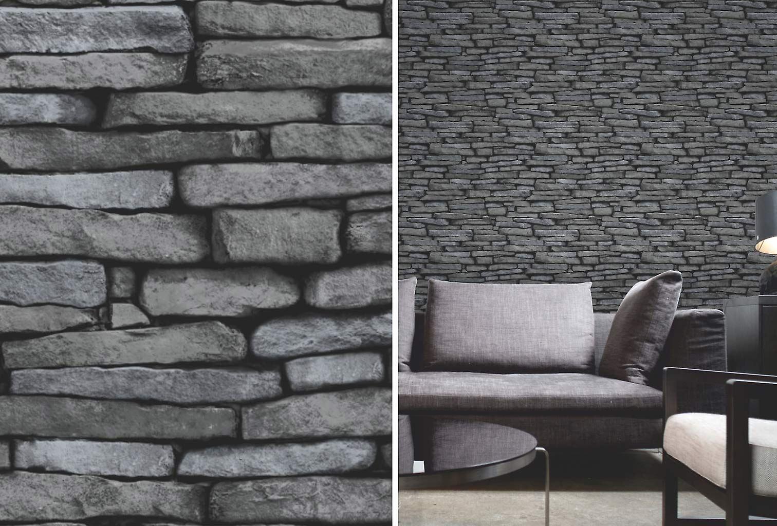Fine Decor Black And Silver Slate Stone Effect Brick - Stone Wall Feature - HD Wallpaper 
