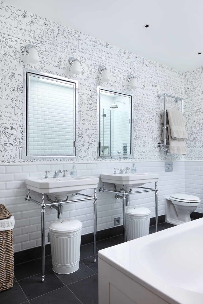 London Metal Washstand With Modern Medicine Cabinets - Traditional Bathroom Black And White Tiles - HD Wallpaper 