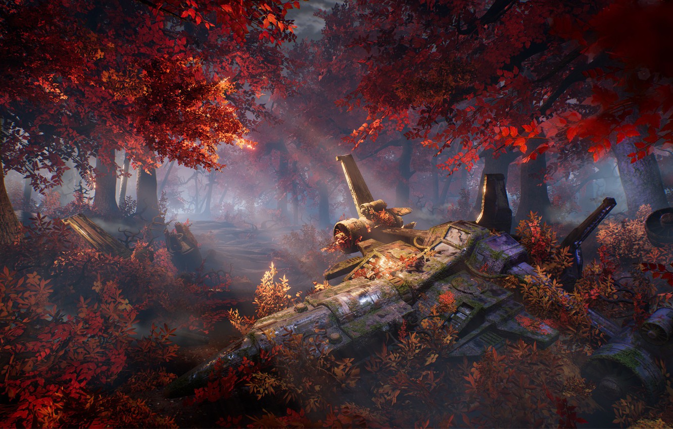 Photo Wallpaper Autumn, Forest, Trees, Ship, Art, Sci-fi - Autumn Sci Fi Art - HD Wallpaper 