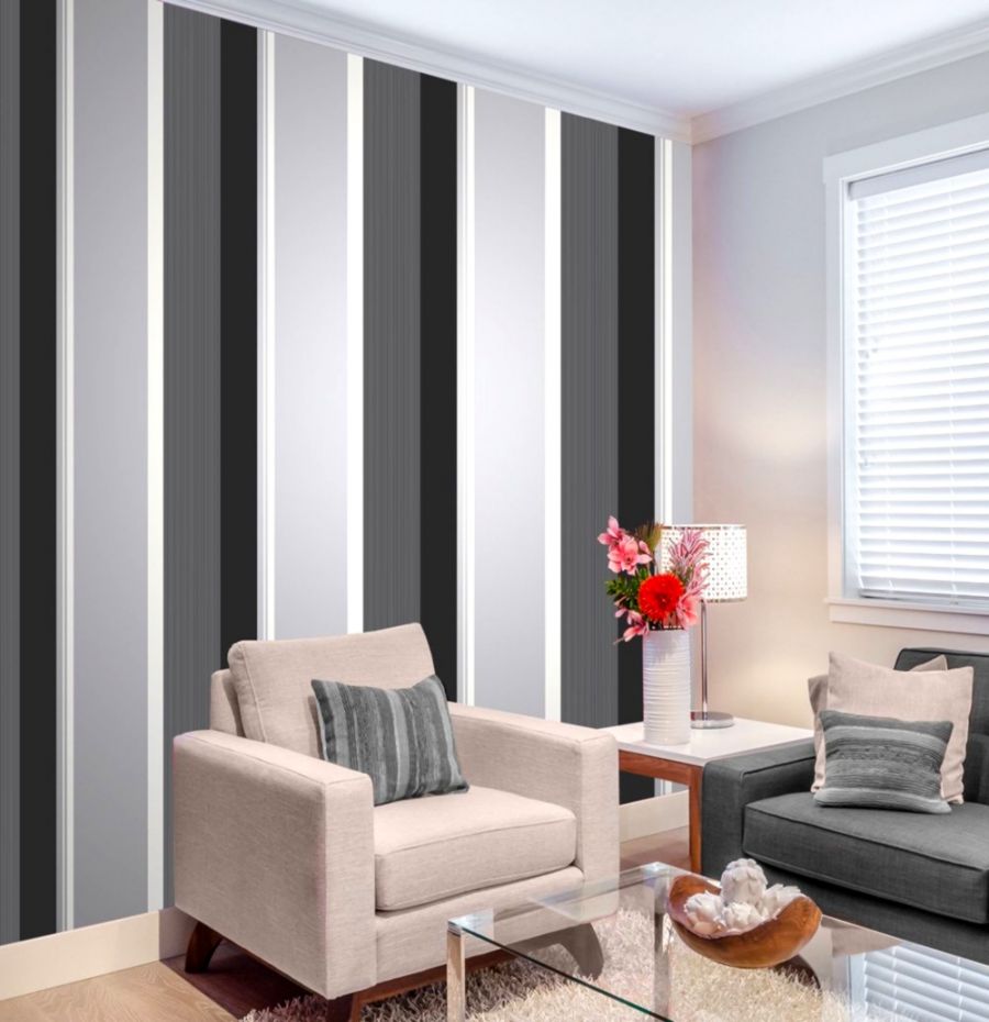 Stripe Wallpaper Bold Charcoal Grey Black White Silver - Living Room Wallpaper Black And Grey - HD Wallpaper 