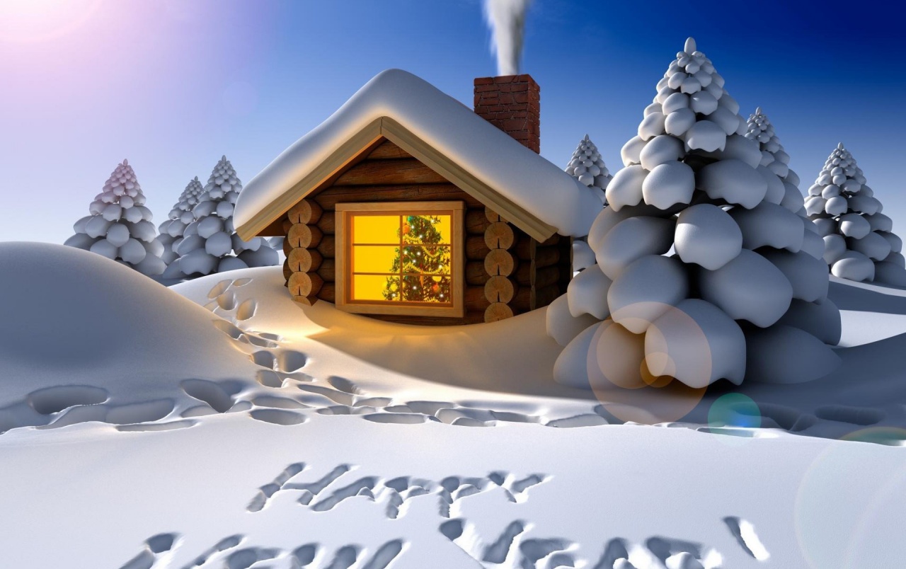 Happy New Year Wallpapers - Snow Christmas Tree House - HD Wallpaper 