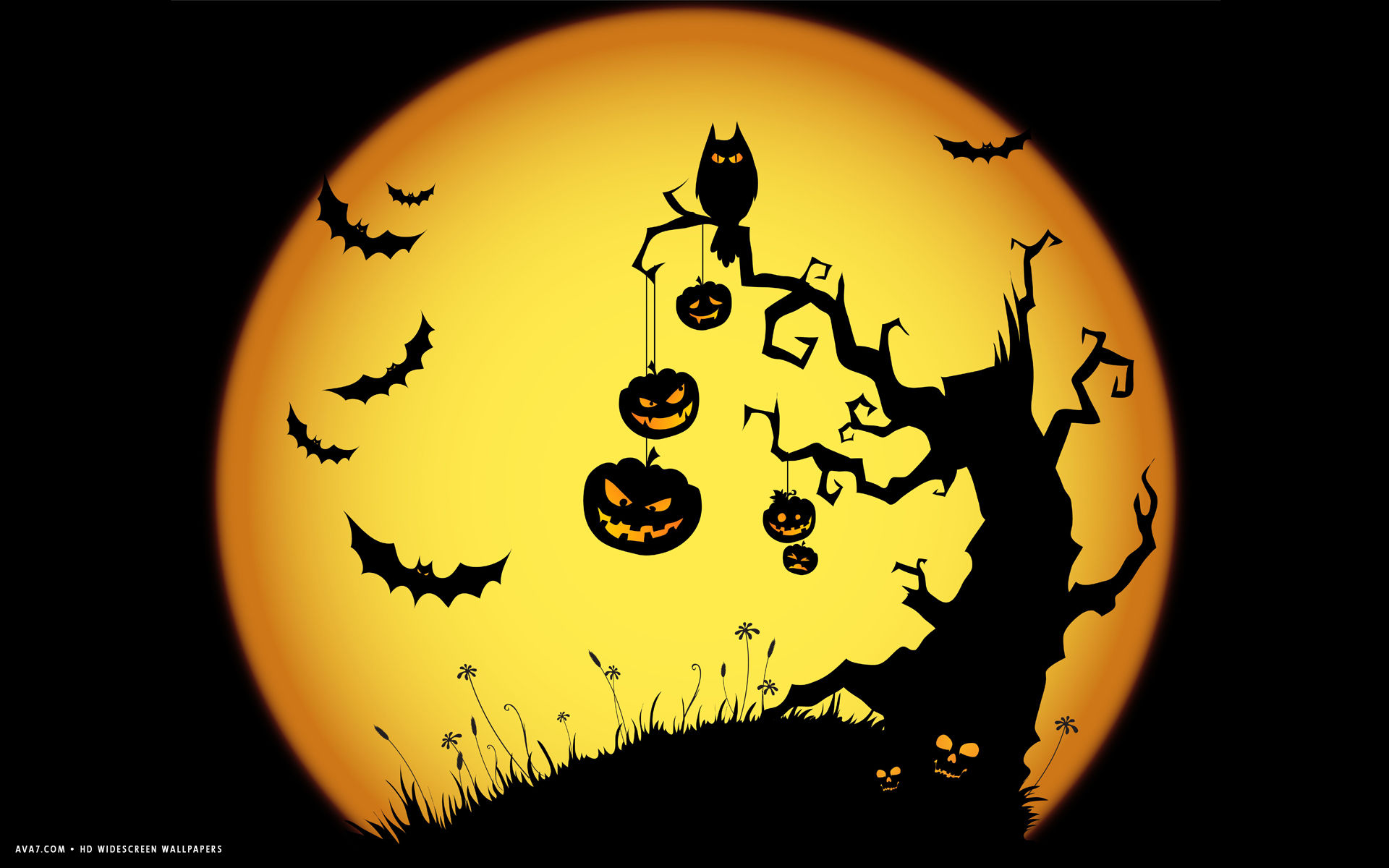 Halloween Scary Night Owl Bats Jack O Lanterns Tree - Bat Jack O Lantern - HD Wallpaper 
