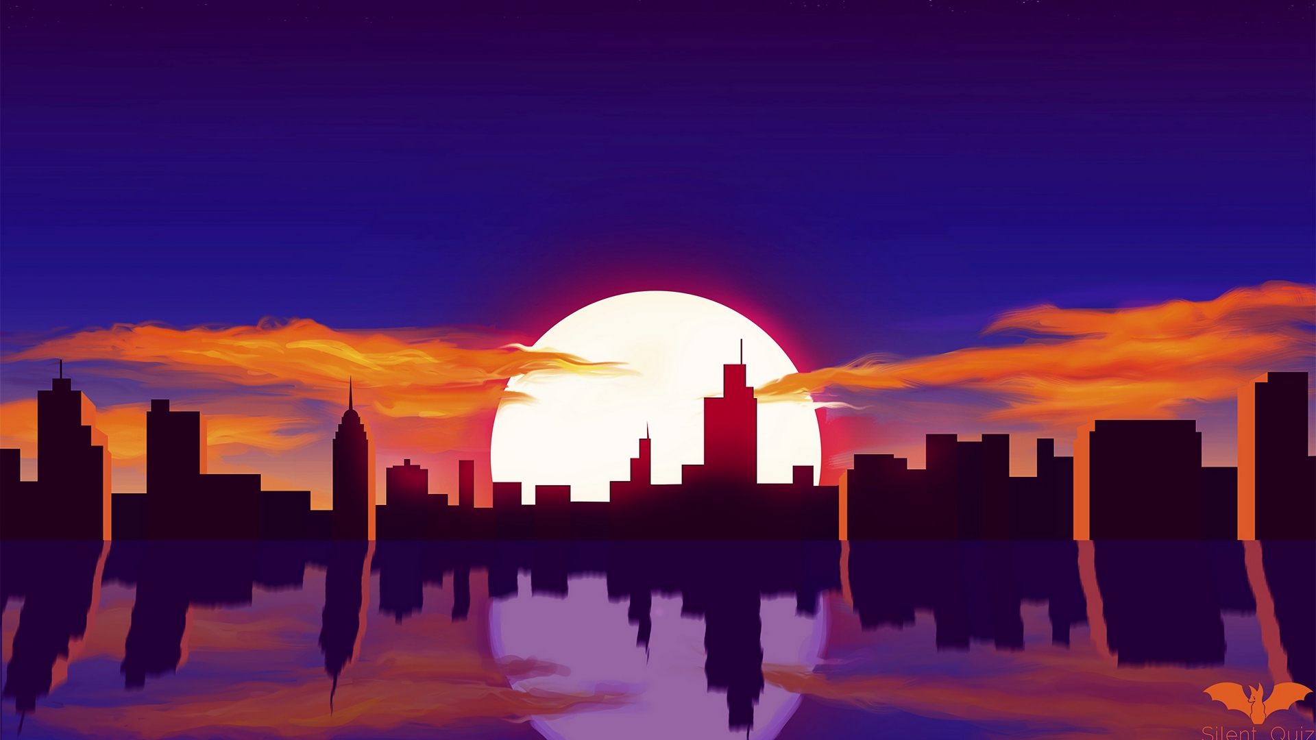 Wallpaper City, Sun, Sunset, Reflection, Art, Vector - Vector City Wallpaper 4k - HD Wallpaper 