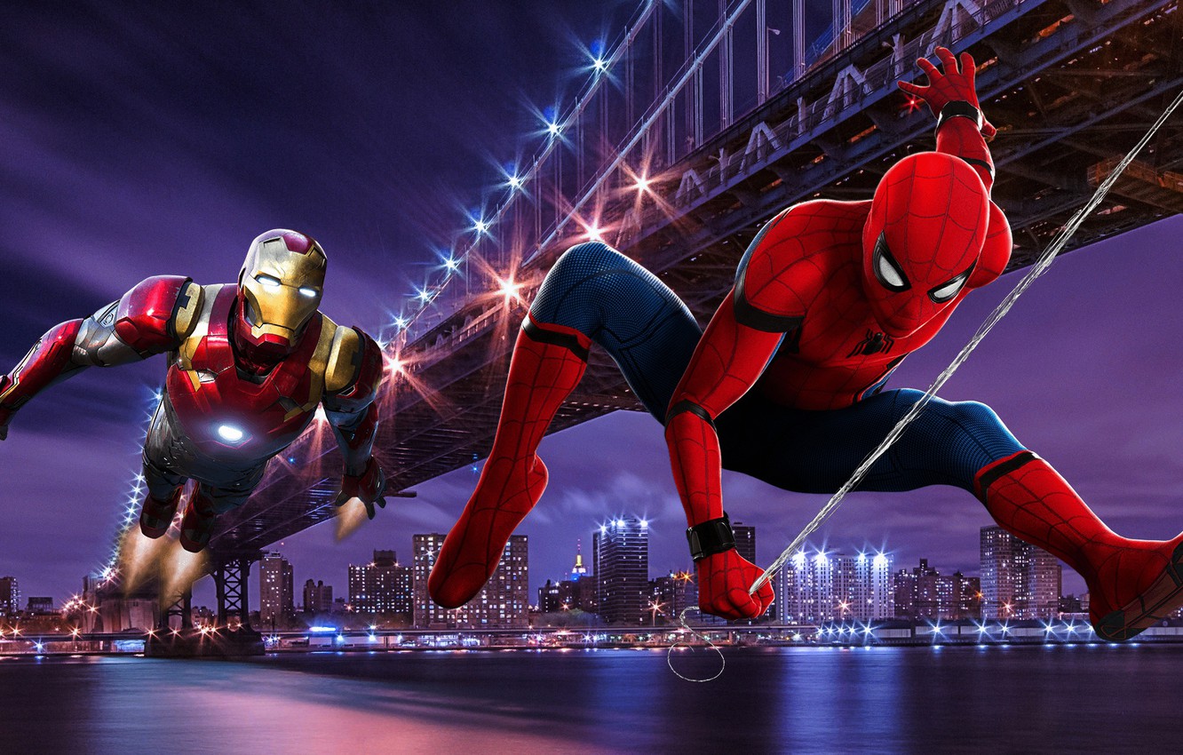Photo Wallpaper Bridge, New York, Night, Iron Man, - Spider Man Homecoming Sign - HD Wallpaper 