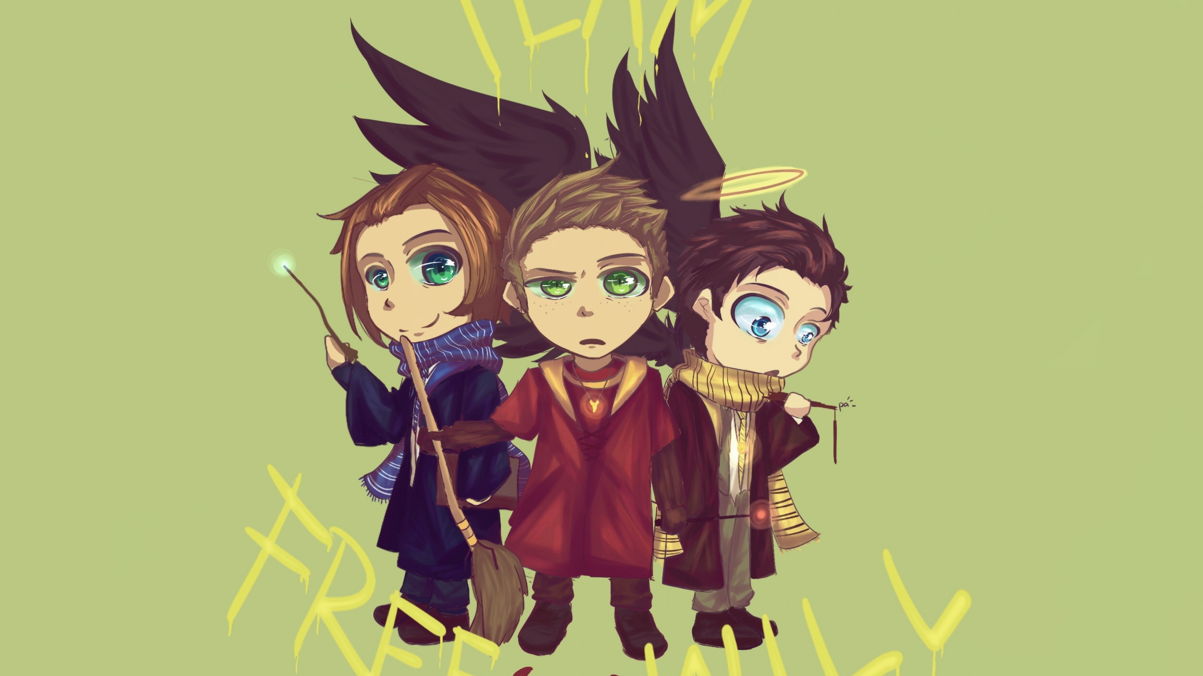 Sam Winchester, Dean Winchester, Castiel, Anime Style, - Supernatural Iphone Background Sam Dean Cas - HD Wallpaper 