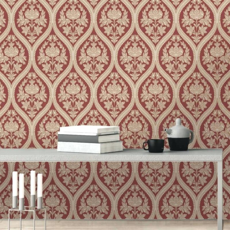 Red Damask Wallpaper Home Decor Metallic Glitter Wallpapers - Tile - HD Wallpaper 