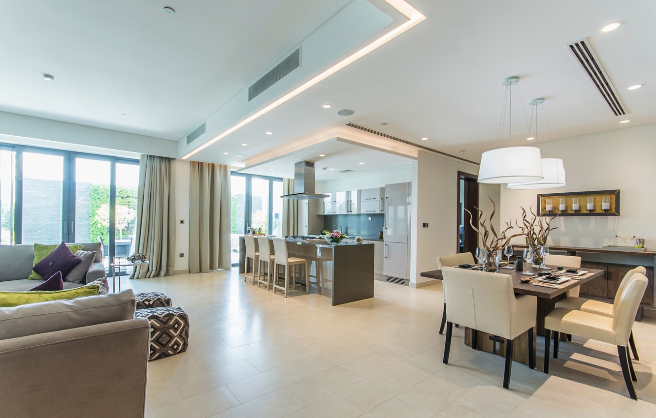 Photo Wallpaper Interior, Kitchen, Living Room, Dining - Apartment Dubai For Sale - HD Wallpaper 