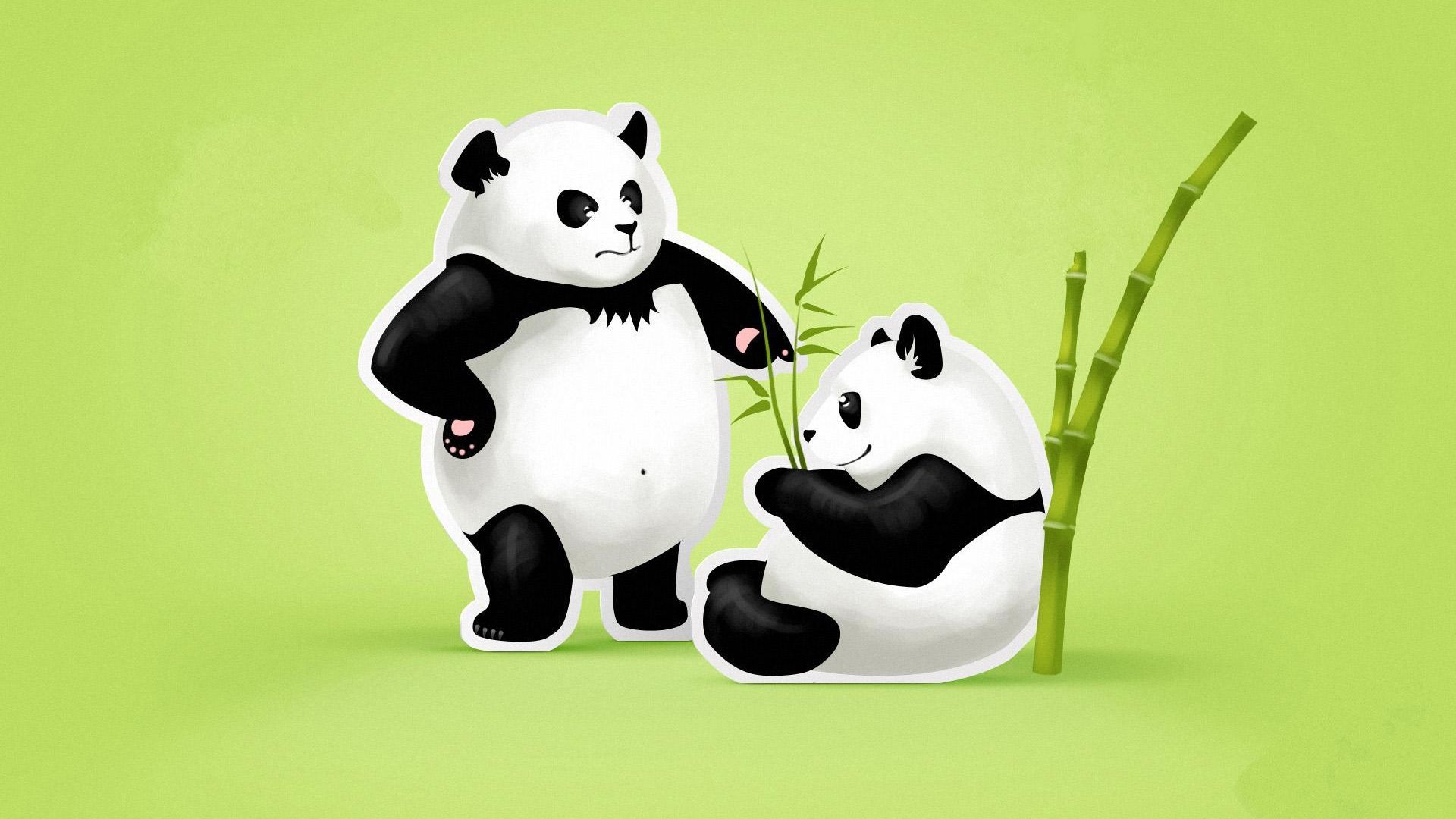 Cute Panda With Bamboo And Green Background Artistic - HD Wallpaper 