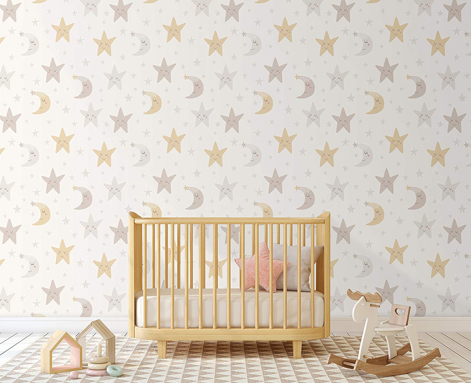 Night Sky Nursery Wallpaper With Stars And Moon, Self - Moon And Stars Nursery - HD Wallpaper 
